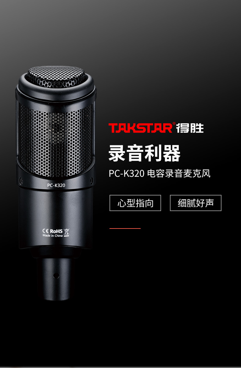 得胜（TAKSTAR）PC-K320电容麦克风 网络电脑K歌 专业直播录音喊麦 播音主持YY语音聊天电容话筒 黑色