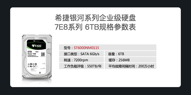 希捷 6TB 256MB 7200RPM 企业级硬盘 SATA接口 希捷银河Exos 7E8系列(Seagate ST6000NM0115)