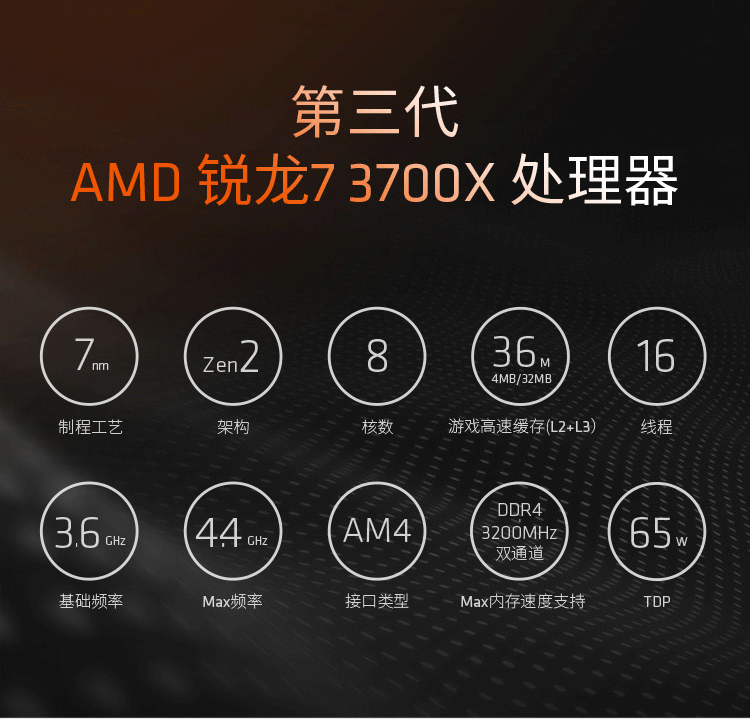 AMD 锐龙7 3700X 处理器 (r7)7nm 8核16线程 3.6GHz 65W AM4接口 盒装CPU