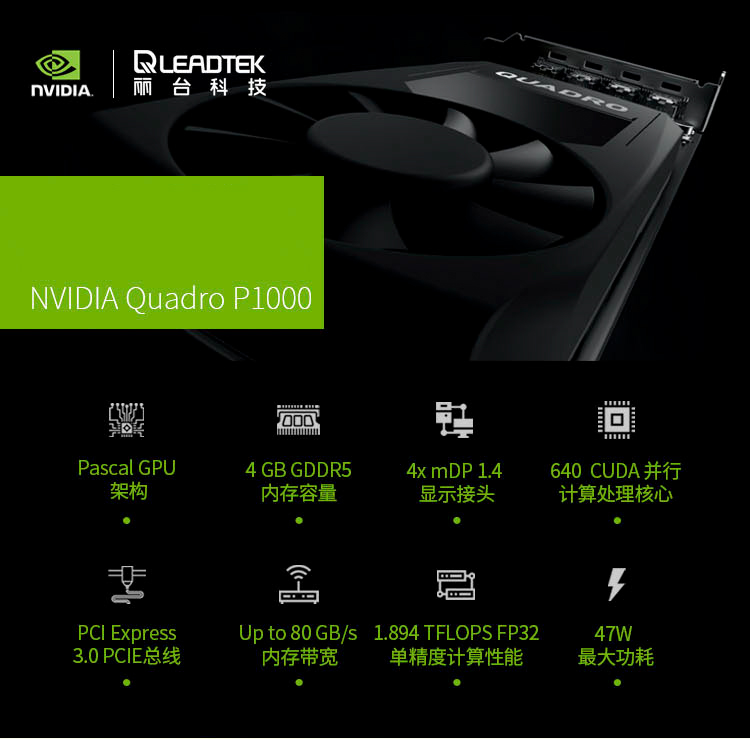 NVIDIA Quadro P1000 4GB【工包】GDDR5 128bit位 82GBps CUDA核心640 建模渲染绘图专业显卡