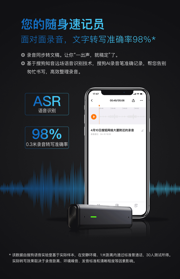 搜狗 Sogou AI智能录音笔C1 高清录音 语音转文字 16G+云存储 数字降噪 同声传译 录音速记 微型便携 黑色