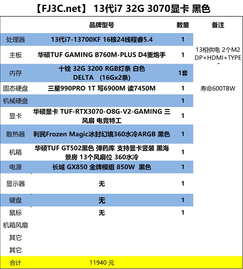 游戏主机  13代i7-13700KF 华硕B760重炮手D4 十铨32G灯条 三星990PRO 1T 华硕3070电竞特工 360冰封幻境 华硕502弹药库黑色海景房