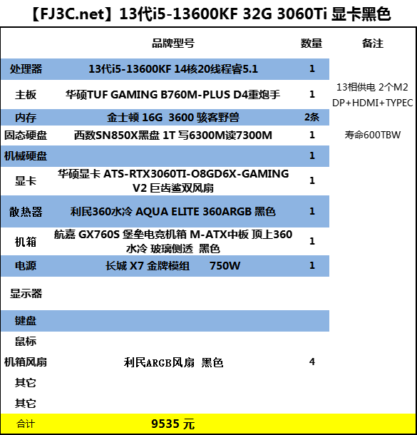 游戏电脑 13代i5 13600KF 华硕B760重炮手 金士顿32G野兽 西数850X黑盘1T 华硕3060Ti巨齿鲨(免费升成3070) 利民360水冷 航嘉GX760S电竞机箱