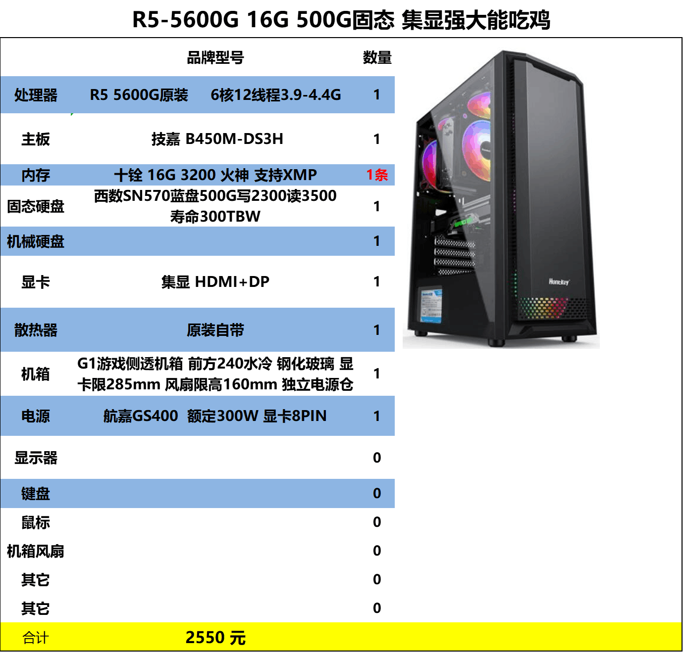 游戏主机 R5-5600G原装 技嘉B450 16G 3200火神 西数SN570 500G  航嘉额定300W G1游戏侧透机箱 钢化玻璃 独立电源仓
