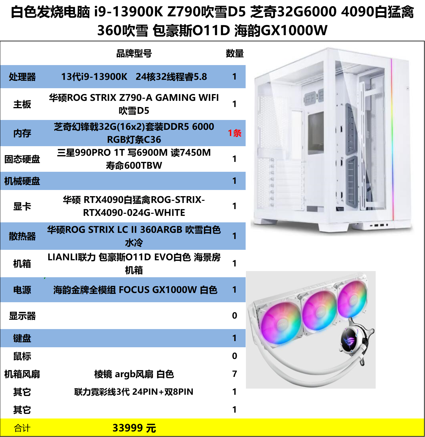 白色发烧友主机13代i9-13900K 华硕Z790 芝奇32GDDR5-6000灯条 三星990PRO 1T 华硕4090白猛禽 华硕360白色水冷 联力白色海景房 机箱风扇7个 联力霓彩线3代