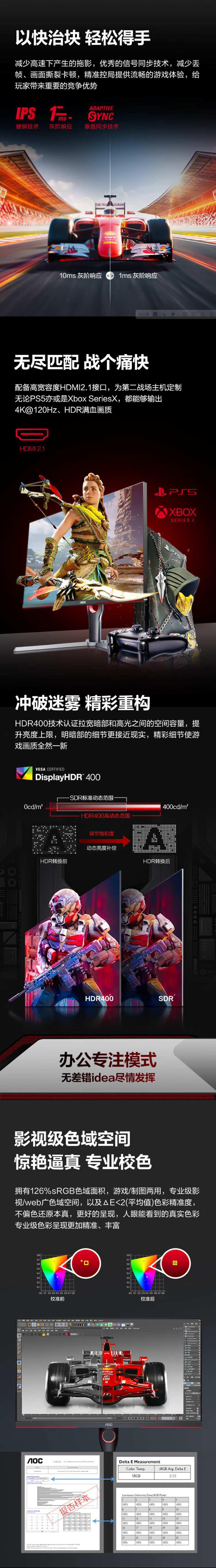 冠捷AOC U27G10 4K 160HZ IPS广色域低蓝光护眼 HDR400 游戏电竞高清显示器