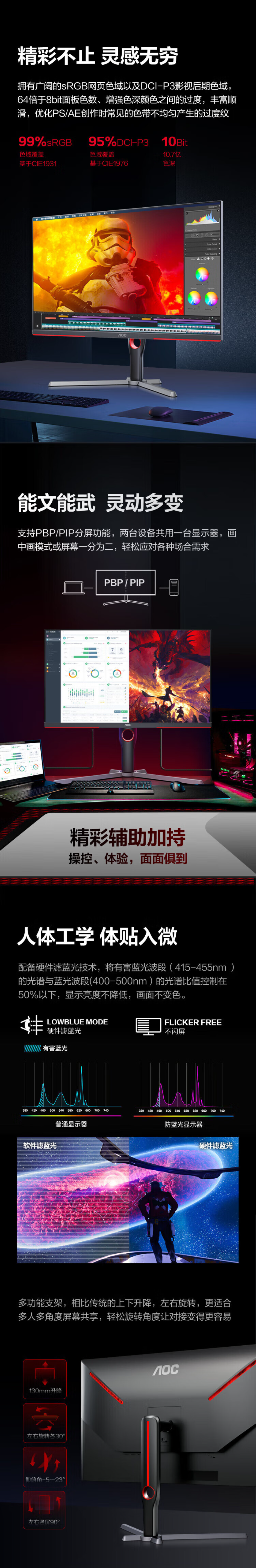 冠捷AOC U27G10 4K 160HZ IPS广色域低蓝光护眼 HDR400 游戏电竞高清显示器