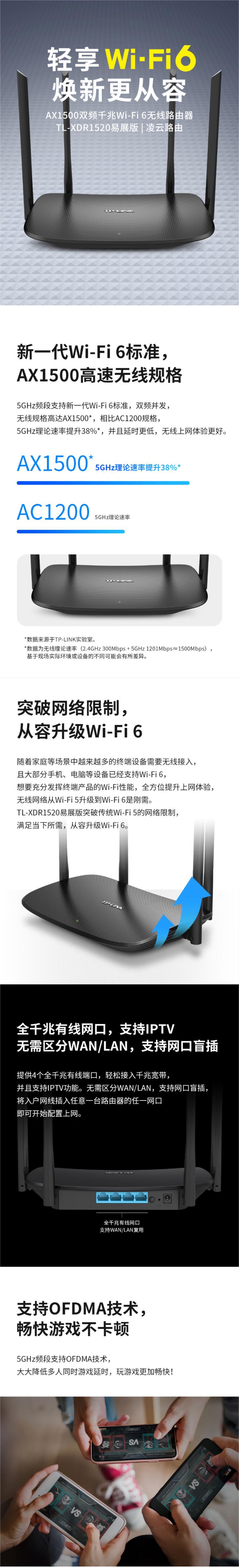 TP-LINK 凌云WiFi6 XDR1520易展版 双千兆AX1500无线路由器 5G双频 易展Mesh 高速穿墙家用 儿童上网管控