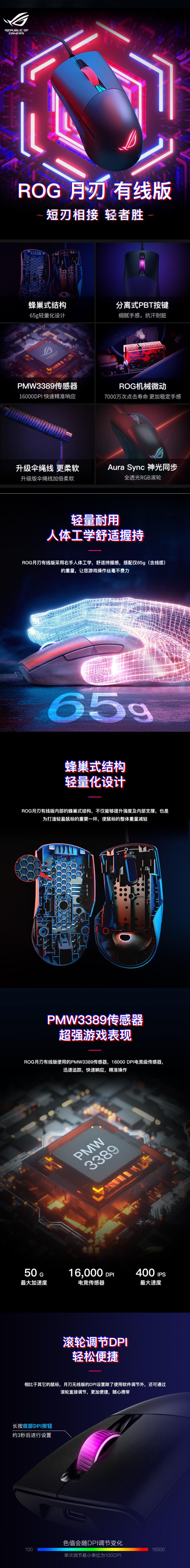 ROG月刃有线鼠标 电竞游戏鼠标 可换微动 轻量化鼠标 16000DPI 黑色