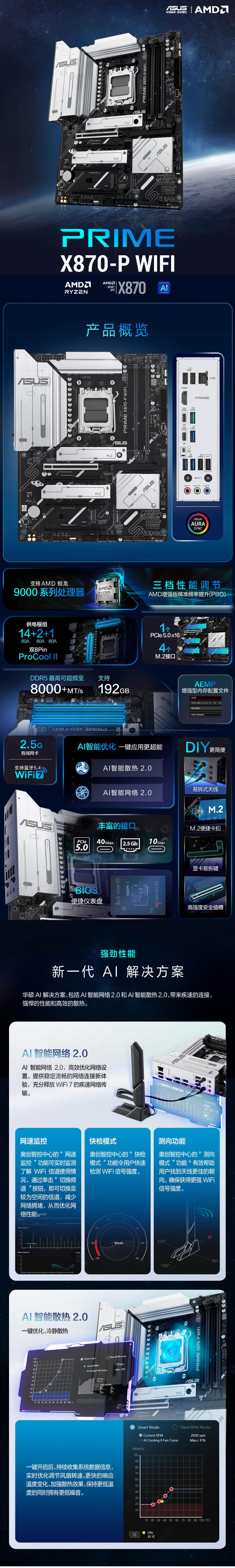 华硕PRIME X870-P WIFI主板 支持 CPU 9900X/9950X (AMD X870/socket AM5) 新品