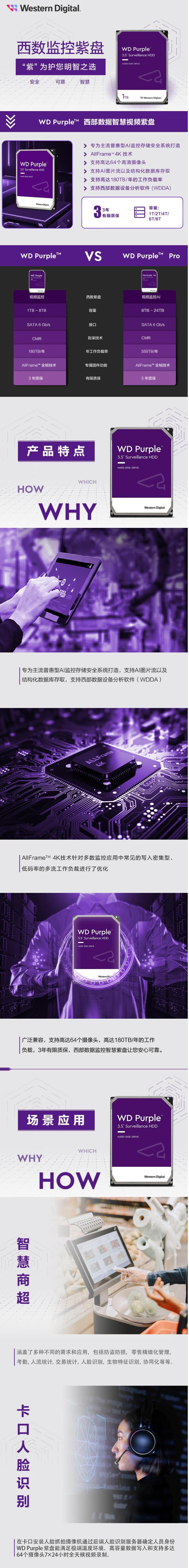 西数监控盘1T硬盘 紫盘5400转保修3年 海康硬盘录像机大华宇视(WD10EJRX)