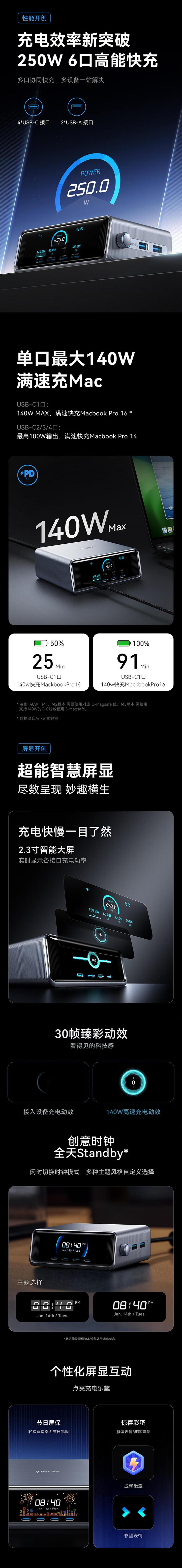ANKER安克桌面充pro250W屏显桌面充电站Prime 氮化镓type-c快充适用iphone16苹果15安卓usb笔记本充电器