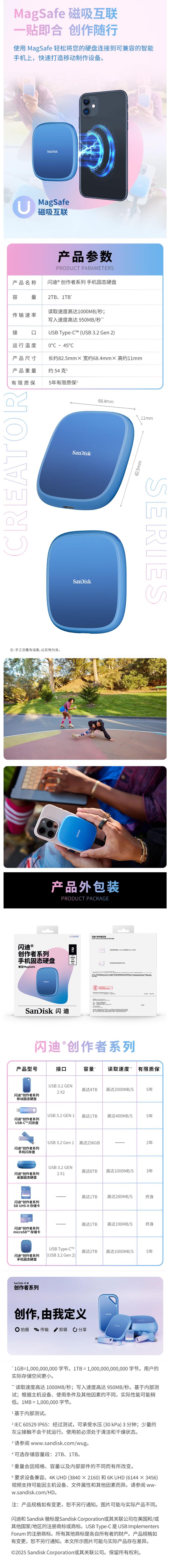 SanDisk闪迪 创作者E62C 1TB 2TB 磁吸移动固态硬盘 手机扩容固态手机直连笔记本外接SSD 读速1000MB/s