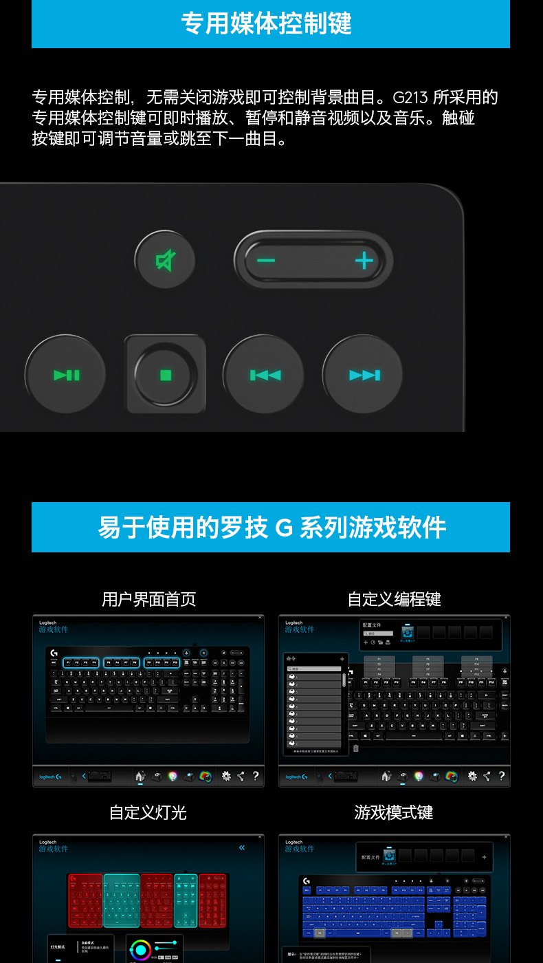 罗技G213键盘 有线键盘 游戏键盘 全尺寸 RGB背光键盘 吃鸡键盘 黑色