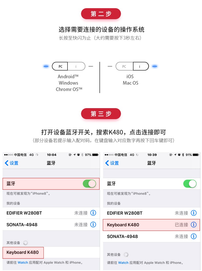 罗技（Logitech）K480 键盘 无线蓝牙键盘 办公键盘 女性 便携 超薄键盘 笔记本键盘 黑色/白色