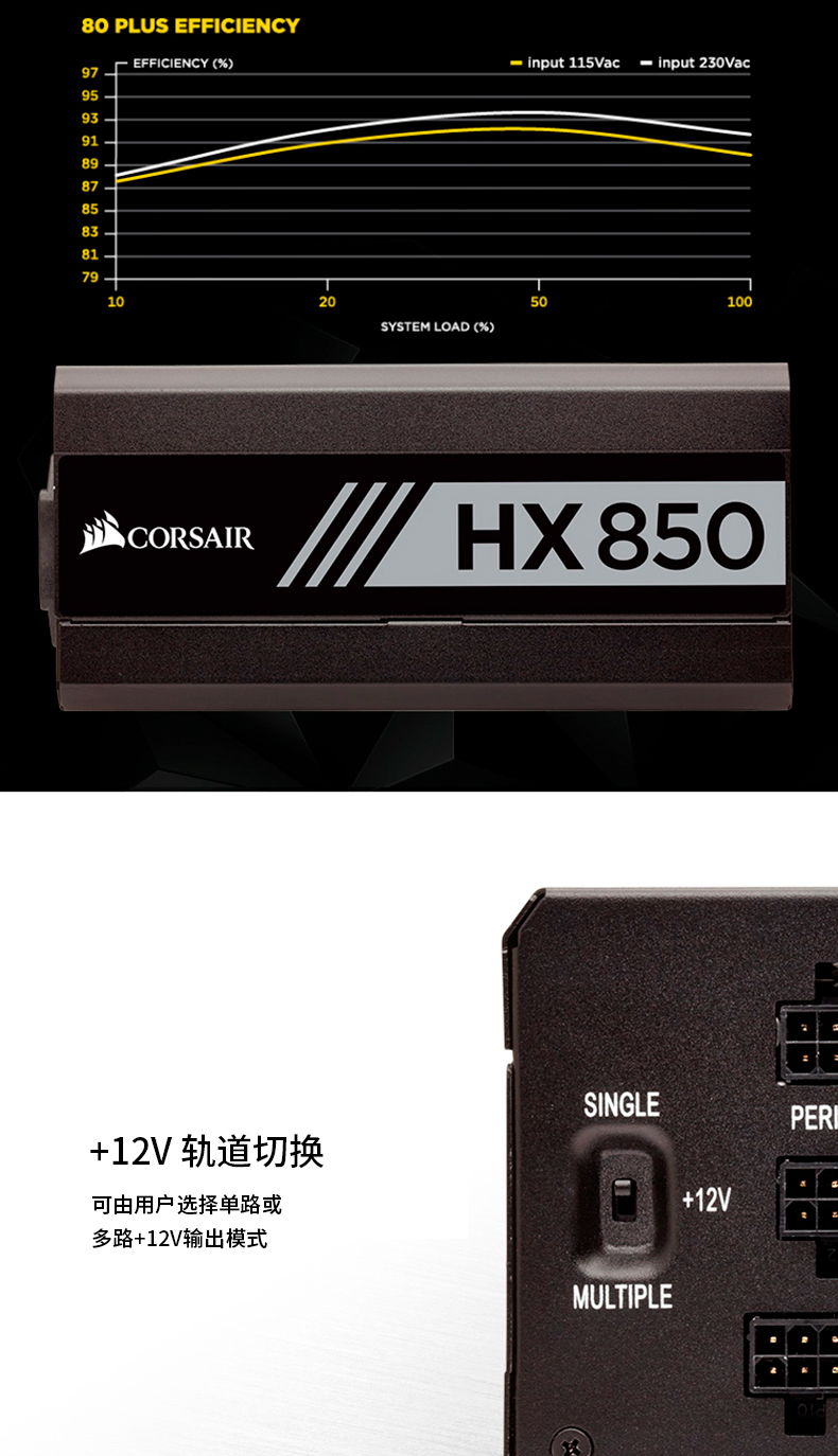 美商海盗船HX850海盗船额定850W台式机电脑静音电源白金牌全模组