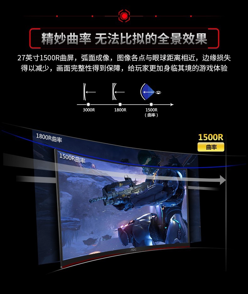 AOC C32G2E 31.5英寸 曲面 165Hz高刷新率 广色域 HDMI+DP接口 微框 C32G2E 快拆支架 游戏电竞显示屏