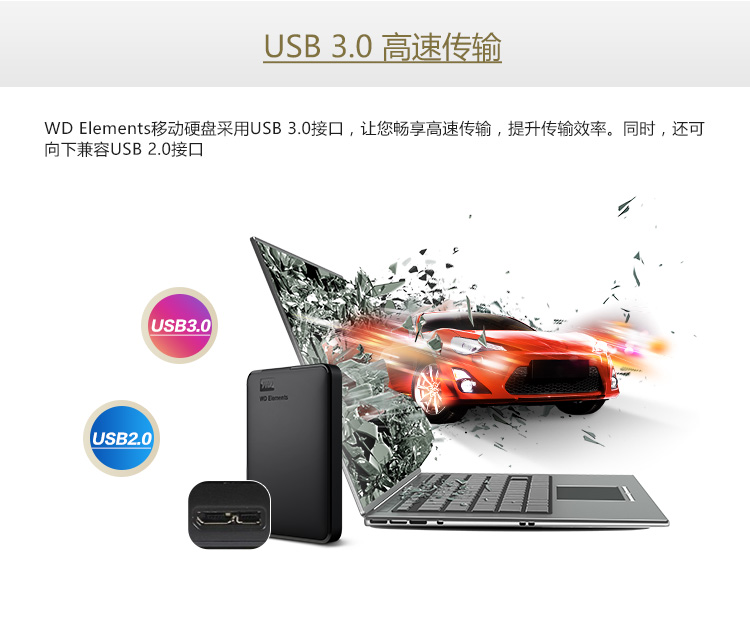 西部数据(WD)2TB USB3.0移动硬盘Elements 新元素系列2.5英寸(稳定耐用 海量存储)