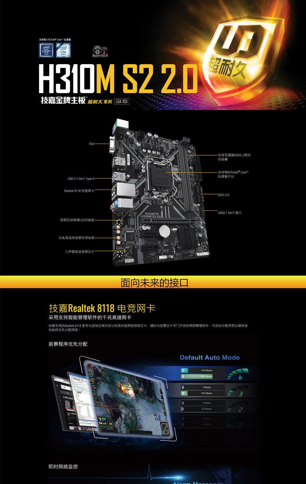 技嘉H310M-S2 2.0主板 LGA1151支持第8代和第9代处理器 GIGABYTE