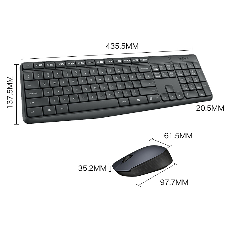 罗技（Logitech）MK235 键鼠套装 无线键鼠套装 办公键鼠套装 全尺寸 黑灰色 带无线2.4G接收器
