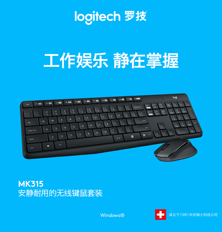 罗技（Logitech）MK315 键鼠套装 无线键鼠套装 办公键鼠套装 静音 全尺寸 黑色 带无线2.4G接收器