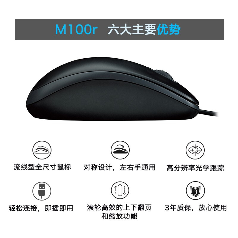 罗技（Logitech）M100r 鼠标 有线鼠标 办公鼠标 对称鼠标 大手鼠标 自营 黑色