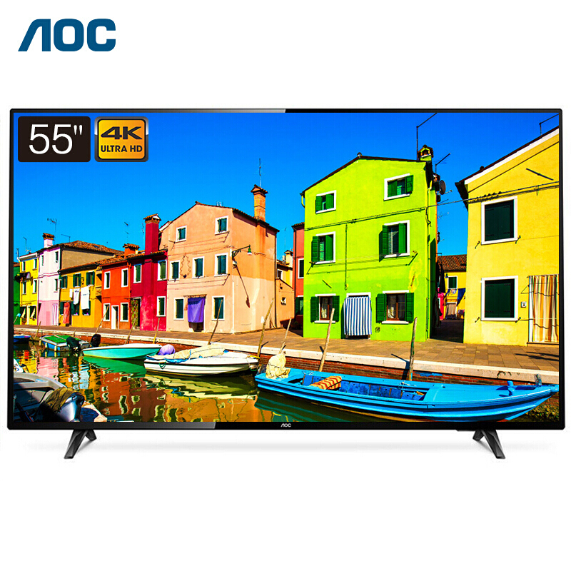 AOC液晶平板电视 55英寸大屏显示器 4K超清HDR 10bit色彩 开机无广告 1+8GB 安防监控智能安卓电视机55U2