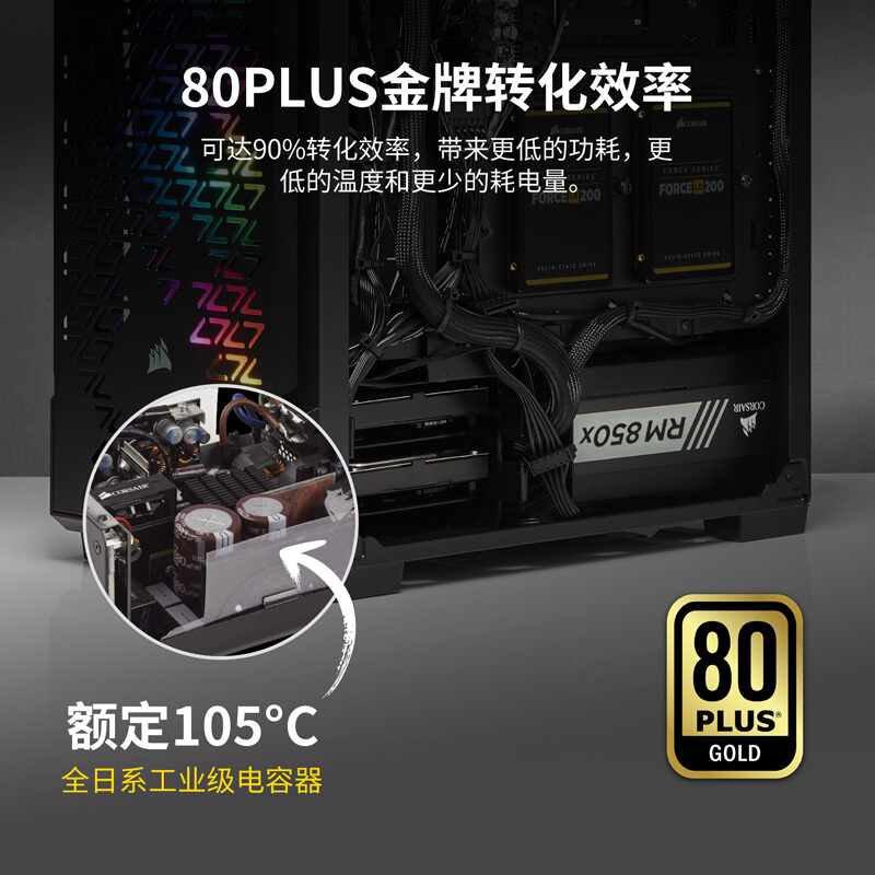 美商海盗船 (USCORSAIR) 额定850W RM850x 金牌/全模组电脑电源（80PLUS金牌/低噪音 /全日系电容）