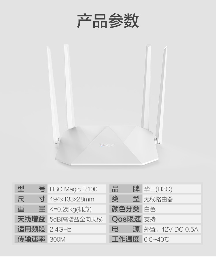 华三H3C R100 无线路由器穿墙增强型 智能游戏路由四天线 300M