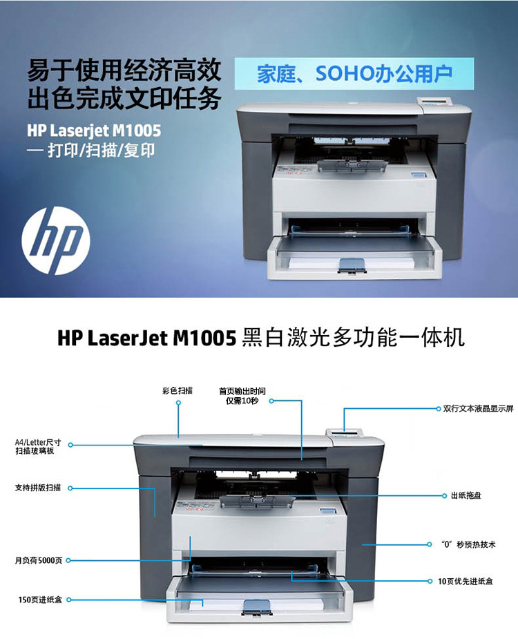 惠普（HP） M1005 黑白激光打印机 三合一多功能一体机 （打印 复印 扫描）