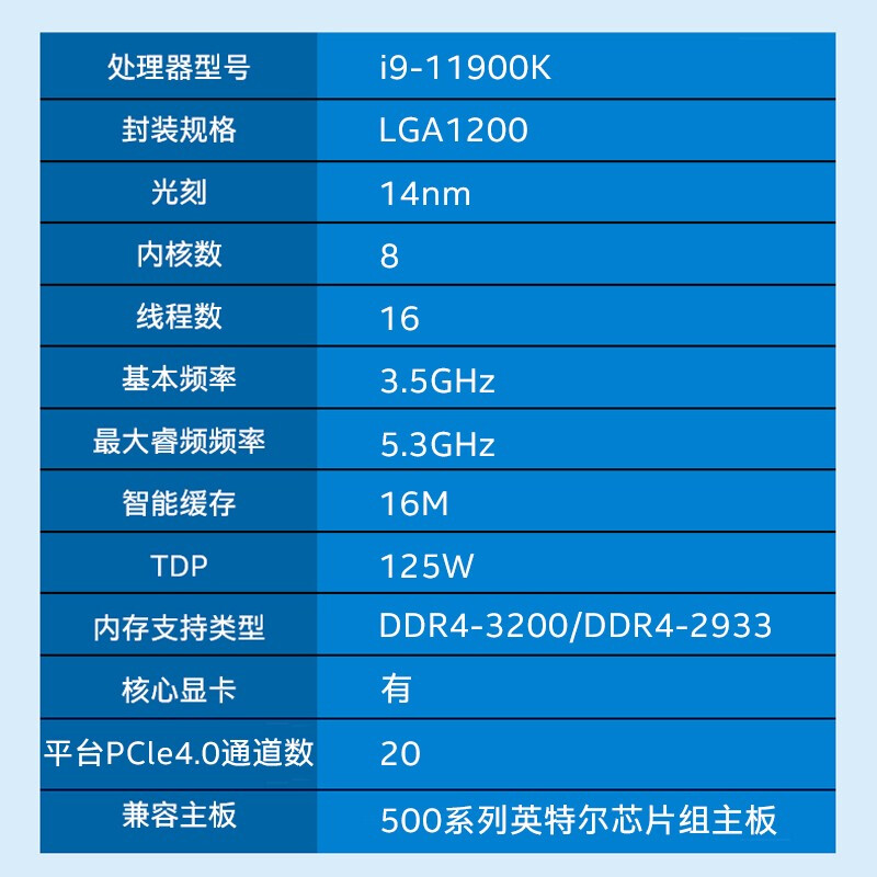 英特尔 Intel i9-11900k 8核16线程 盒装CPU处理器