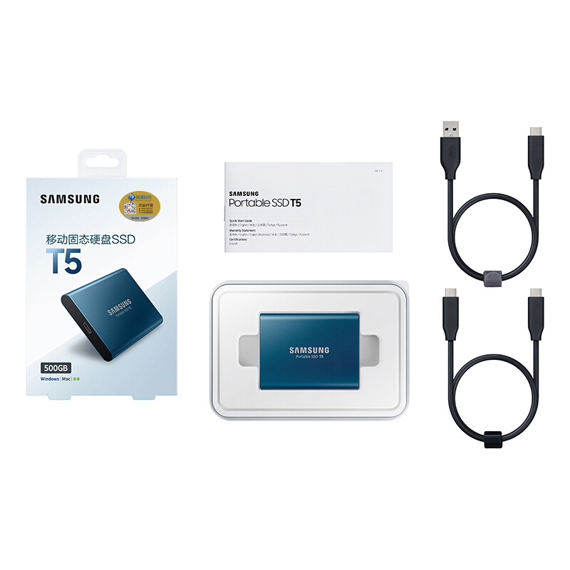 SAMSUNG三星移动固态T5 500GB Type-c USB3.1 珊瑚蓝 最大传输速度540MB/s 安全便携