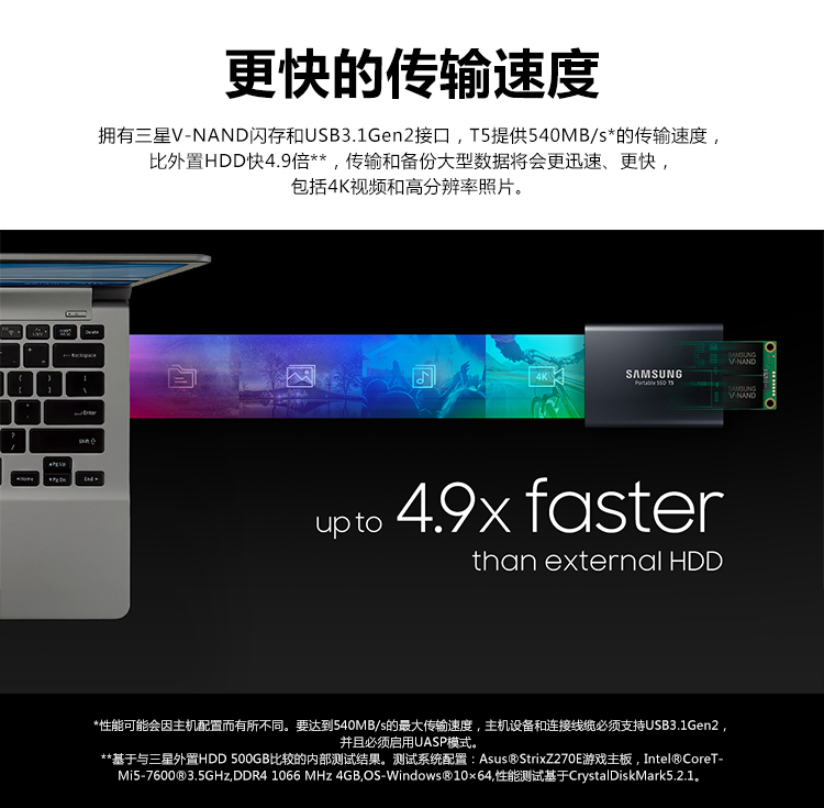 SAMSUNG三星移动固态T5 500GB Type-c USB3.1 珊瑚蓝 最大传输速度540MB/s 安全便携