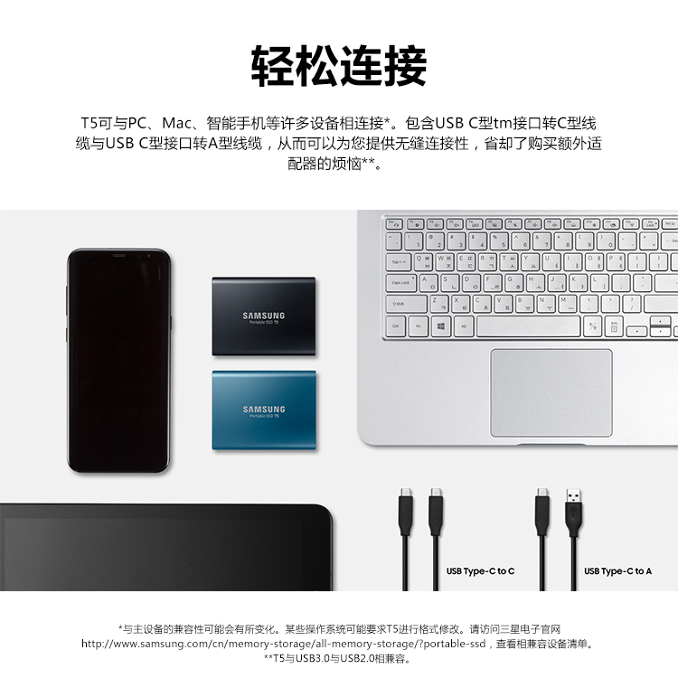 SAMSUNG三星移动固态T5 500GB Type-c USB3.1 珊瑚蓝 最大传输速度540MB/s 安全便携