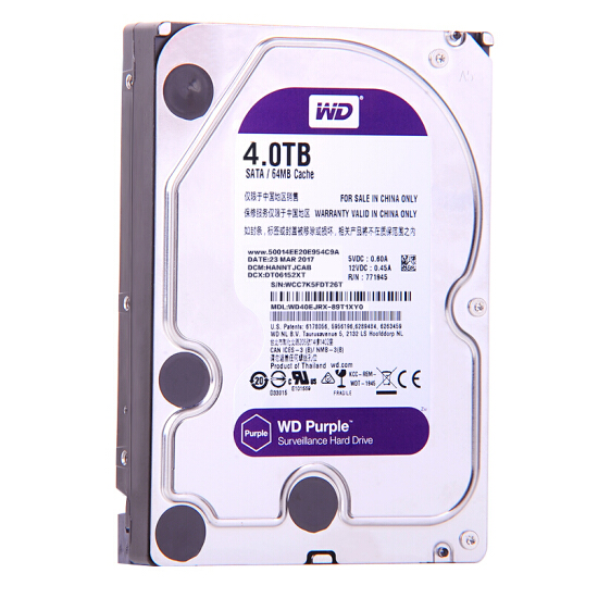 西部数据(WD)紫盘 4TB SATA6Gb/s 64M 监控硬盘(WD40EJRX)